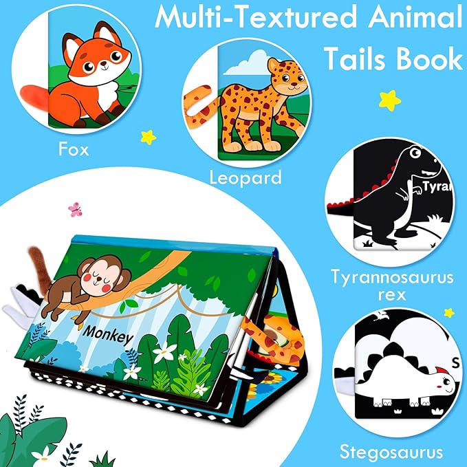 Tummy Time Baby Mirror Toys 0-6 6-12 Months - Montessori Infant Toys Brain Development with Crinkle Cloth Book and Teether - High Contrast Newborn Sensory Toys for Babies Boys Girls Gifts