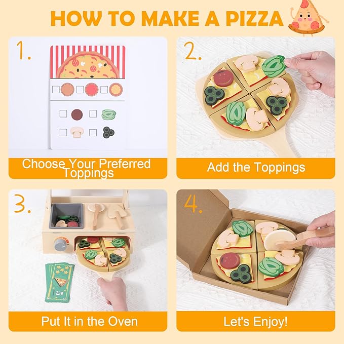 50PCS Wooden Pizza Toy, Pizza Counter Playset with Bake Oven, Kitchen Play Food and Accessories for Kids, Montessori Pretend Play Toys for Boys Girls Age 3+