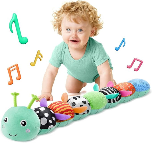 HEMRLY Baby Gifts Toys, Sensory Toy 0-6 Months, Musical Stuffed Caterpillar Plush with Soft Teether, Rattle for Tummy Time, Infant Car Seat Toy for 0-3-6-12 Month Boys Girls Gifts - Spotted Blue