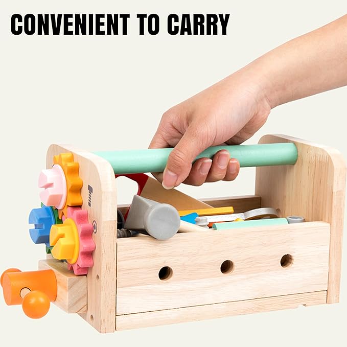 Kids Tool Set – 35 Pieces Wooden Toddler Tool with Box – Montessori STEM Educational Pretend Play Construction Toy for 3 to 8 Year Old Boys Girls – Best Birthday Gift