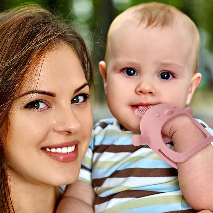 Socub 3 Pack Silicone Baby Teether Toys for Infants 3+ Months, BPA Free Anti-Drop Silicone Mitten Teething Toy for Soothing Sore Gums, Baby Chew Toys for Sucking Needs, Rose Pink,Dark Pink,Beige