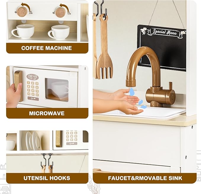 Dual-Sided Play Kitchen for Kids Toddlers, 2-in-1 Grocery Store&Wooden Toy Kitchen Set with Coffee Machine,Pretend Kitchen Play Set with Microwave, Oven, Gift for Boys Girls