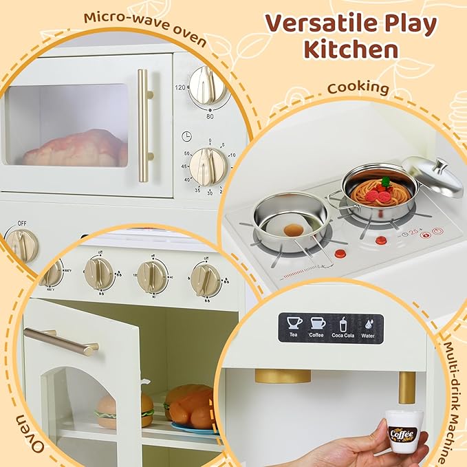 MAMIZO Kids Play Kitchen, Wooden Pretend Toy Kitchen, Large Toodler Cooking Playset, Stove and Water Dispenser w/Sound & Light, Sink, Microwave, Curtain, Modern Home Style for Ages 3+ (Yellow)