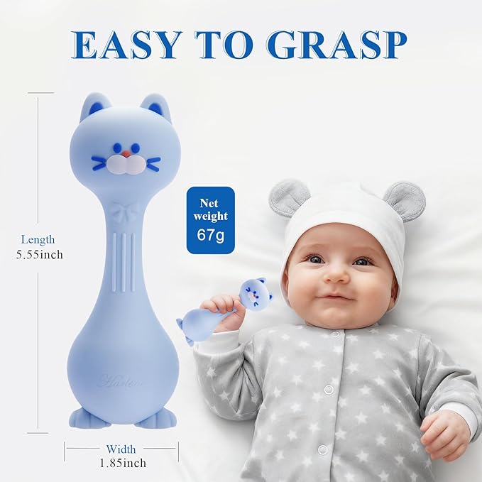 Baby Rattle Teething Toys Cat Silicone Teether Rattles for Baby 0-36 Months Food Grade Silicone (Blue)