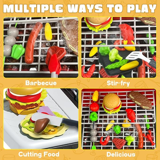 Kids Grill Playset, BBQ Toy Grill with Smoke Sound Light and Wheel, Movable Pretend Play Kitchen Toys Grills for Toddlers 3-5, 2-Layer Barbecue Play Food Christmas Birthday Gifts for Grandkids