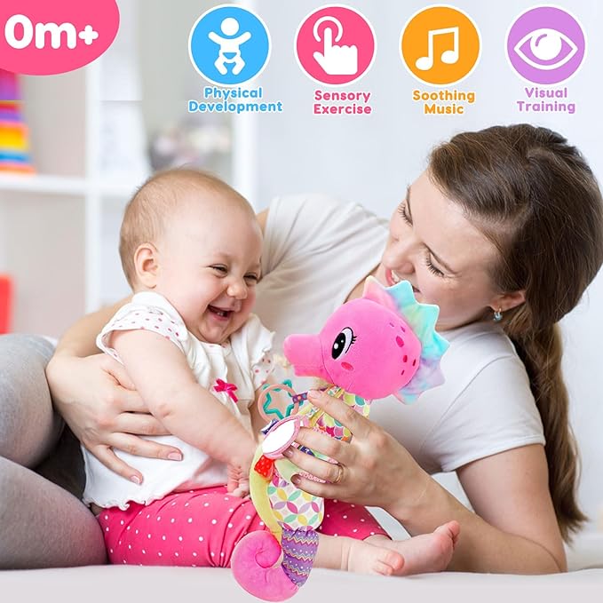 Baby Girl Toys 0-6 3-6 Months Musical Stuffed Animal Plush Pink Seahorse for Infant Tummy Time 6-12 Month with Baby Mirror Sensory Newborn Crinkle Developmental Toy Birthday Shower Gifts 0-3 4 5 Month