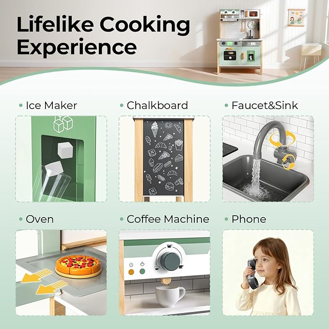 Play Kitchen Wooden Kids Kitchen Playset Pretending Toys for Toddlers with Real Lights & Sounds, 3 Heights Adjustable, Chalkboard, 35Pcs Toy Food & Cookware Accessories-Green