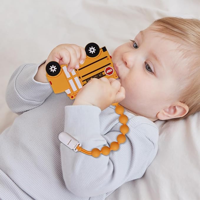 Baby Food Grade Silicone Carrier Vehicle Teether Toy with Pacifier Clip Holder,Teething Toys Gift Set for 3 Months+ Boys and Girls,Freezer Safe,BPA Free.(School Bus)