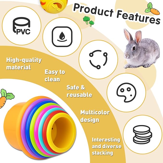 8 Pcs Colorful Stacking Cups and a Ball for Rabbits, Colorful Bunny Cups for Rabbits and Small Animals, Nesting Rabbit Cups of Different Sizes, Bunny Stacking Cups for Hiding Food and Playing