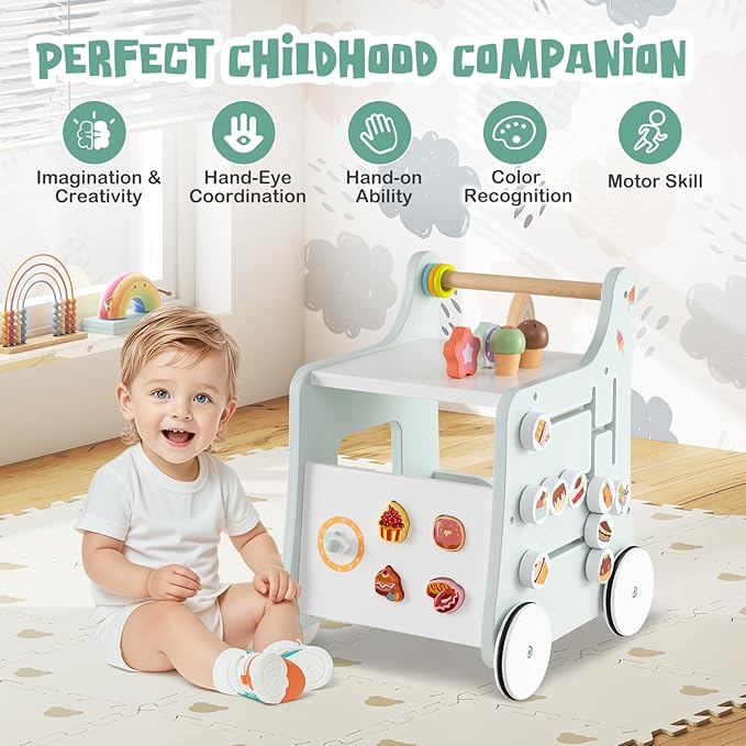 BABY JOY 2-in-1 Wooden Baby Walker, Montessori Activity Center w/Storage, Wheels, Kids Dessert Shop Walking Toy w/Ice Cream, Slider, Maze, Plate, Push Walker for Boys and Girls 1+ Years Old (Green)