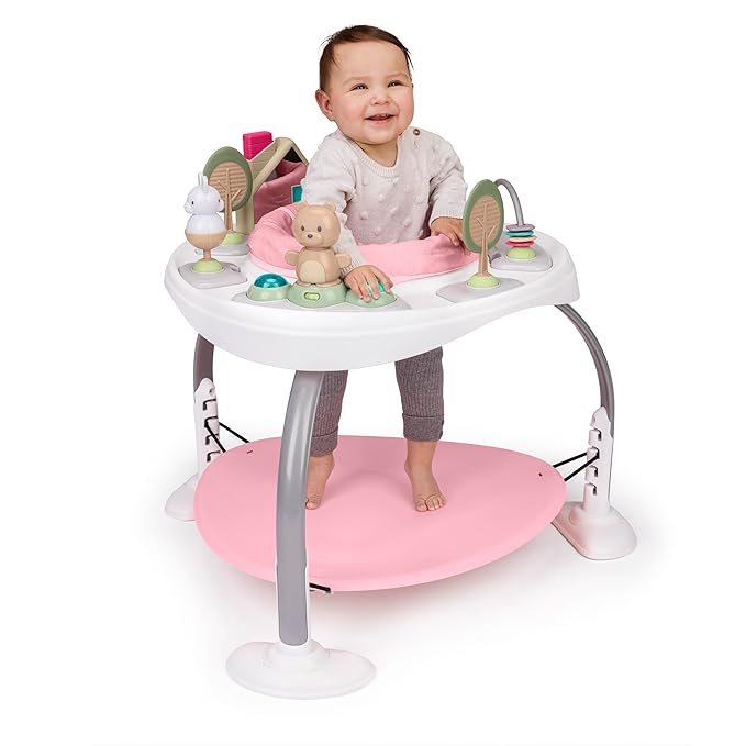 Ingenuity Spring & Sprout 2-in-1 Baby Activity Center Jumper and Table with Infant Toys - Ages 6 Months +, First Forest in Pink