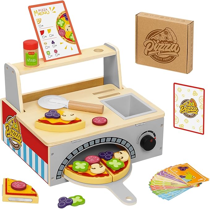 OOOK Wooden Pizza Toy Kids Pizza Counter Playset, Toy Pizza Oven， Montessori Pretend Play Toys with Toy Food, Bake Oven, Role Play Set for 3 4 5 6 Year Old Boys Girls
