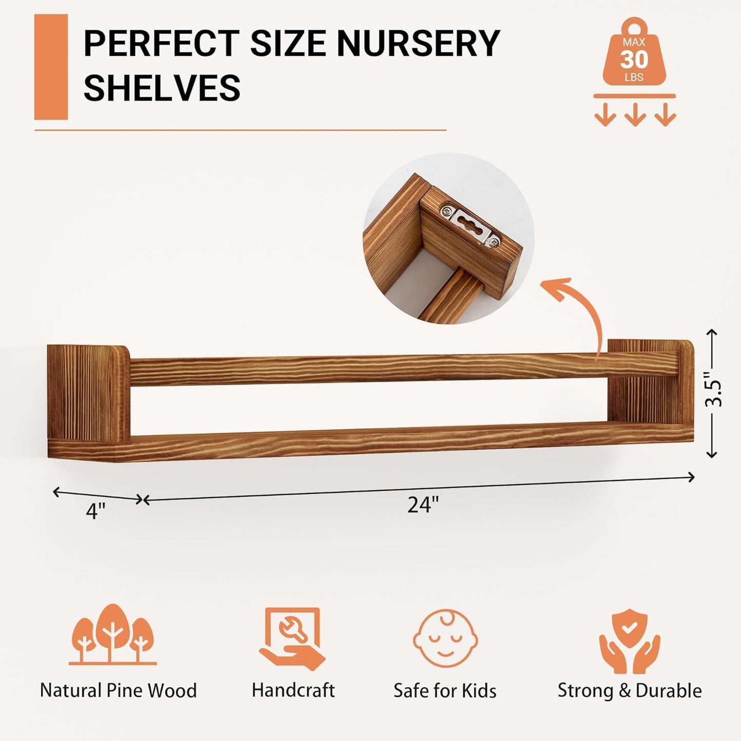 Heimlove 24 Inch Nursery Floating Shelves, Nursery Book Shelves for Wall, Wall Bookshelf for Kids Solid Wood Wall Mounted Shelves for Books,Toys and Decor Storage, Set of 2