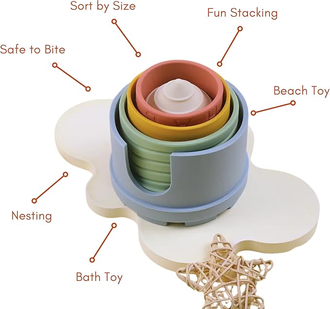 Castle Stacking Tower & Nesting Cups Baby Toys - 5-Piece Silicone Teething & Bathing Set - Fun, Educational & Early Learning Gift for Babies 6+ Months - BPA Free, Soft & Dishwasher Safe