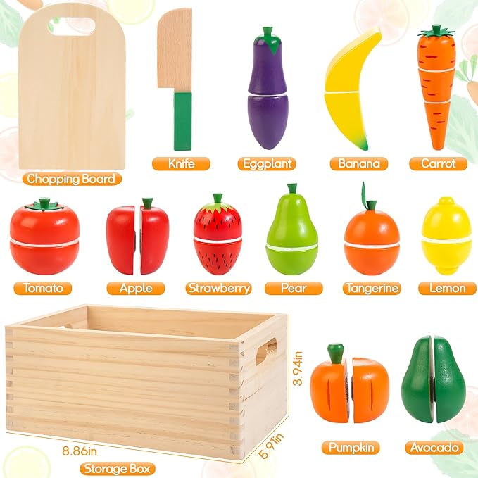 Wooden Play Food for Toddlers, Fruit and Veggies Cutting Set for Kids, Pretend Food Play Kitchen Accessories for 3 4 5 6 7 Years Old Boys & Girls