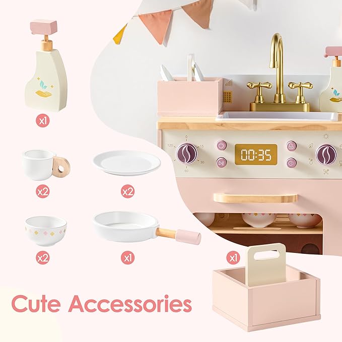 ROBOTIME Wooden Toy Dishwasher Sink – Pink Pretend Kitchen Toy with Gold Faucet, Turning Knobs, Dish Rack, Plates, Bowls, Cups – Montessori Wooden Play Kitchen for Girls Ages 3+