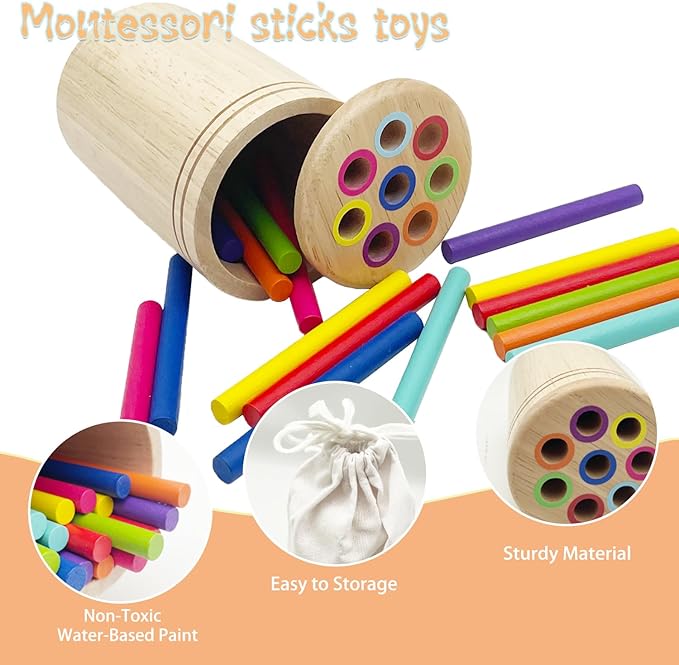 Wooden Montessori Sticks Toys for Kids, 8 Colors Natural Wood Toddler Learning Sorting Toys for 3 Year Old, Sensory Matching Game Birthday Gifts for Boys Girls (Round Sticks)