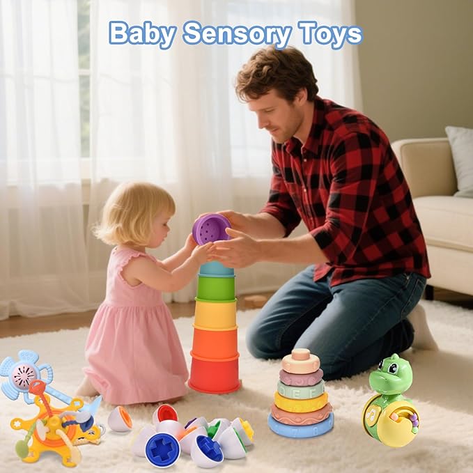 Montessori Toys for 1 Year old,Baby Toys 6-9-12 Months,7 in 1 Sensory Teething Toy for Toddlers Aged 1-3,Stacking Cups Building Blocks,Teething Pull String,Eggs Toys for 6-9-12-18 Months Baby Gifts