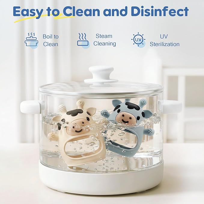 TOHIBEE 2 Packs Baby Teething Toys for 0-6 6-12 Months, Food Grade Silicone Adjustable Cow Teething Mitten, Chew Teether Toys for Teething Pain Relief, Baby and New Born Essentials, Blue & White