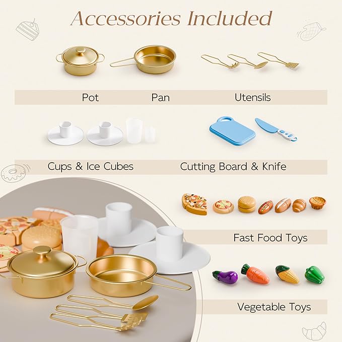 Play Kitchen Set, Kids Kitchen Playset with 21 Fun Accessories, Toy Kitchen Set with Realistic Appliances, Smart Storage, Wooden Play Kitchen for Kids, Gift for Ages 3+ (White & Gold)