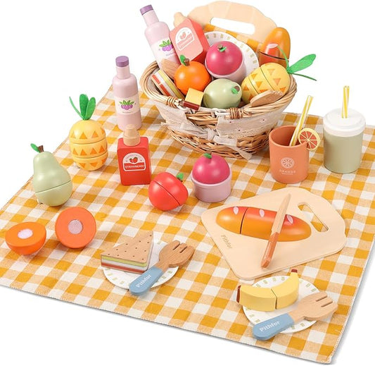 Picnic Playset, Wooden Play Food Set for Kids Kitchen, Cutting Pretend Play Kitchen Food Toy for Toddlers Girls Boys 3 4 5 Years Old