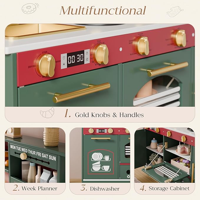 Play Kitchen Set, Kids Kitchen Playset with 21 Fun Accessories, Toy Kitchen Set with Realistic Appliances, Smart Storage, Wooden Play Kitchen for Kids, Gift for Ages 3+ (Green & Red)