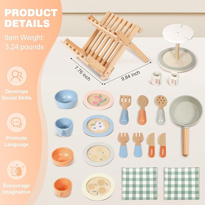 Wooden Play Cookware Set, Pretend Play Kitchen Accessories Toys Set for Kids Toddlers, Including Play Dishes, Pan, Tableware, Utensils