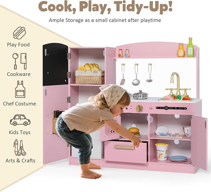Pretend Kitchen Playset for Kids, Interactive Play Kitchen Wooden Toy Set w/Realistic Design, Sink, Microwave, Ice Maker, Dishwasher, Toddler Cooking Set Toy for Ages 3+, Pink