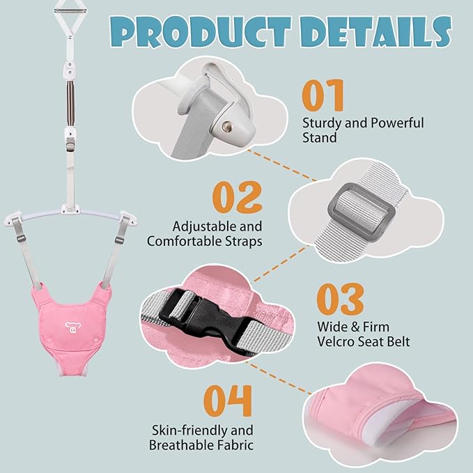 Baby Jumper, Baby Jumper Doorway with Adjustable Strap, Easy to Assemble, with a Soft Rug (Pink)