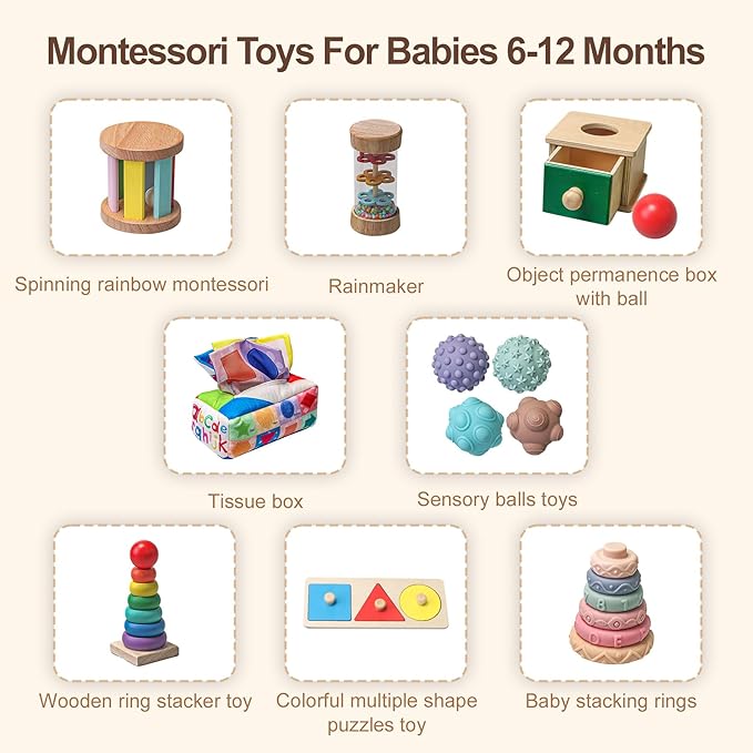 Montessori Toys for Babies 6-12 Months,8 in 1 Developmental Learning Toys Set Wooden Sensory Toys for Baby Toys 12-18 Months (Includes Tissue Box Toy,Stacking Cups and More)