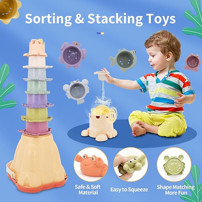 Stacking Toy for Toddler 1-3, 4 in 1 Montessori Sensory Toys, Shape Sorter for Sand Bath Play, Infant Learning Color Sorting Toy for Fine Motor Skills, Birthday Gift for Baby Boys Girls 1 2 3