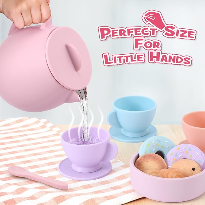Lorfancy 20 Pcs Silicone Tea Party Set for Little Girls Kids Toddlers Tea Set with Tea Pot Cups Food Pretend Play Kitchen Accessories Christmas Birthday Gift for Girls Age 2 3 4 5 6 Year Old Toys