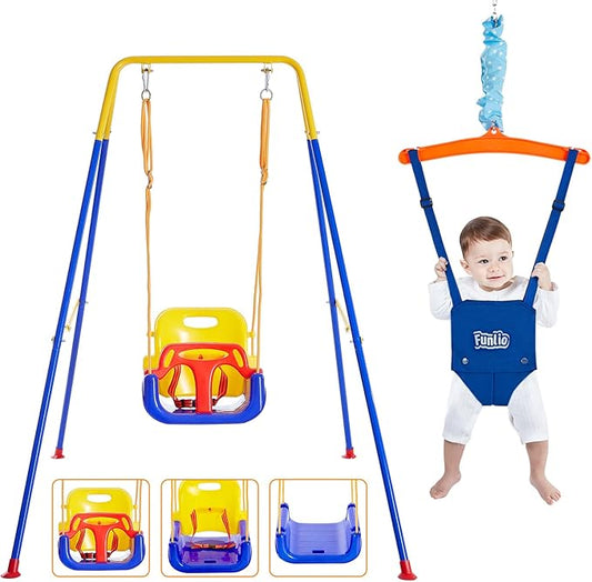 FUNLIO 2 in 1 Swing Set for Toddler & Baby Jumper, Heavy Duty Kids Swing & Bouncer with 4 Sandbags, Foldable Metal Stand for Indoor/Outdoor Play, Easy to Assemble and Store