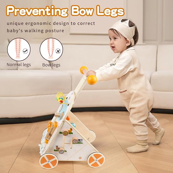 Wooden Push Walker, Adjustable Speed Baby Push Walker Activity Center Toys, Wooden Baby Walker Push and Pull Learning Activity Walker, Learning & Walking Toy for Boys Girls