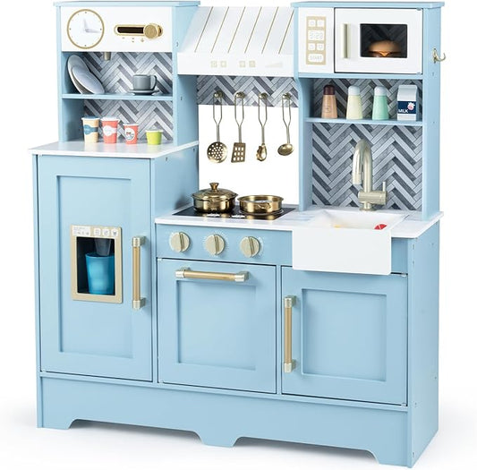 HONEY JOY Play Kitchen, Wooden Toy Kitchen Set with Coffee Maker, Microwave, Range Hood, Ice Maker, Stove, Dish Rack, Cookware, Pretend Play Kids Kitchen Playset for Toddler Boys Girls (Blue)