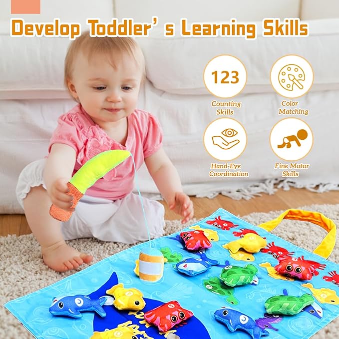 Montessori Toys for 1 Year Old, 22PCS Cloth Fishing Game with Stacking Cups Sensory Baby Toys 6-12 Months,Toddler Education Learning Toys for 1 2 Year Old Boy Girl Gifts (Sea Animals)