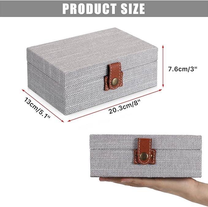Hipiwe Jewelry Storage Box Treasure Chest Wooden Box with Linen Covered Rectangular Gray Keepsake Case with Clasp Dcorative Photo Storage Organizer for Women Gift, Small