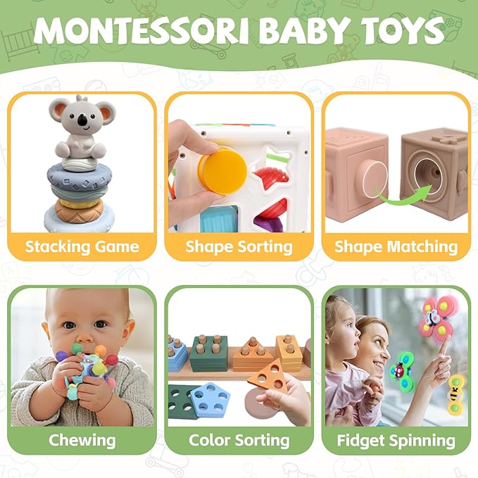 6-in-1 Montessori Baby Toys 0-6 6-12 Months, Infant Teething Toys Soft Stacking Blocks Rings Shape Sorter Sensory Fidget Spinners for Toddler 1-3, Christmas Stocking Stuffers for Girls Boys