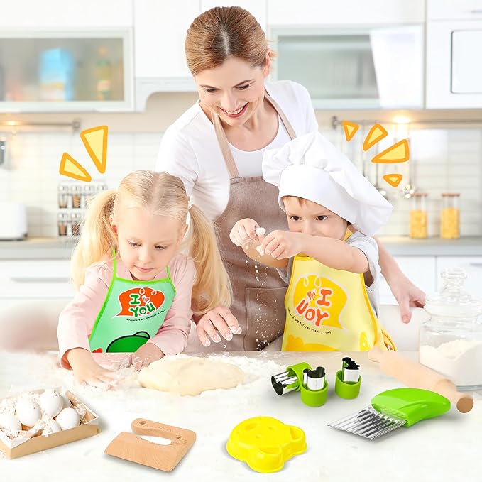 15 PCS Montessori Kitchen Tools, Toddler Knife Set for Real Cooking Kids Kitchen Knife Wooden Safe Knife Serrated Edges Plastic Toddler Knife Cutting Board Aprons Crinkle Cutters