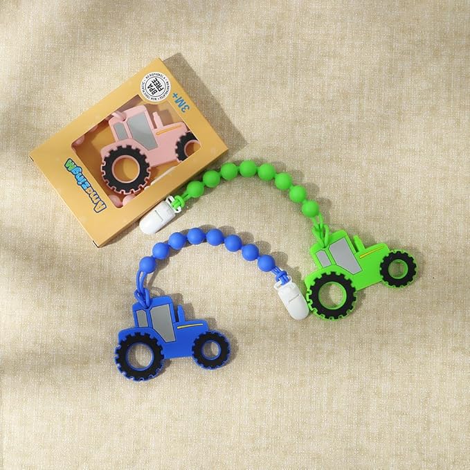 Baby Food Grade Silicone Tractor Truck Teether Toy with One Piece Design Pacifier Clip Holder,Teething Toys Gift Set for 3 Months+ Boys and Girls,Freezer Safe,BPA Free. (Green)