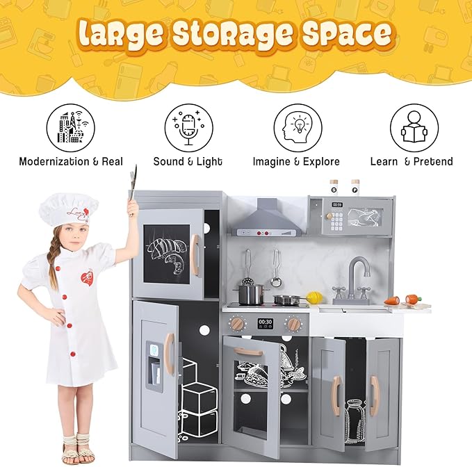 Kids Kitchen Playset,Wooden Play Kitchen Playset with Ice Maker Microwave,Oven and Other Accessories,Chef Pretend Play for Toddlers with Real Lights & Sound,Toy Gift for Boys Girls