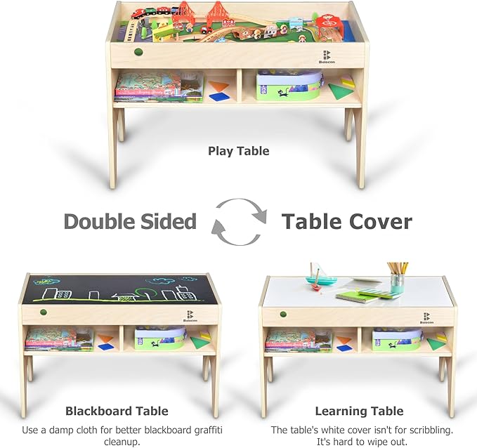 Kids 3-in-1 Wooden Art & Activity Table Playset Furniture with 4 Compartments for Storage, Play Table Compatible with Blocks&Bricks and Train Set for Preschool Toddler Boy & Girl (STD.)