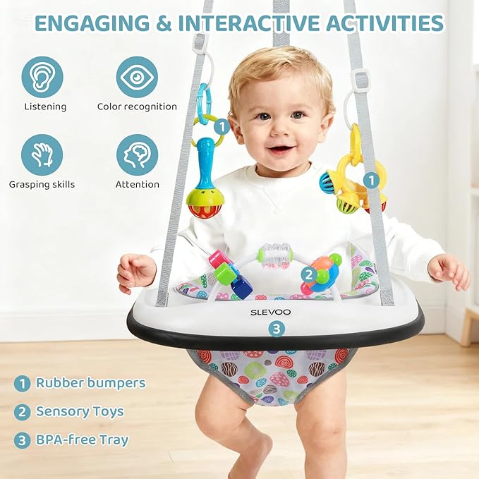 Slevoo Baby Jumper, Baby Door Jumper with Bumper, Play Tray and Two Jingle Rattles, Joyful Bubbles