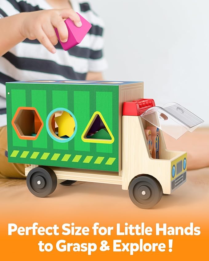 Coogam Shape Sorting Montessori Toys for Toddles, Wooden Color Shape Sorter Truck Toy with 2 Play Figures - Fine Motor Educational Learning Gift Toy for Kids 2 3 4 Year Old