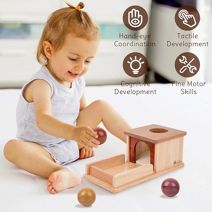 Adena Montessori Wooden Toy for 6-12 Month Baby 3 Balls,Object Permanence Box Made of Natrual Wood, Colorful Learning Education Toy for Toddler Kid 1-2 Year Old, Preschool Developmental Gift Typical