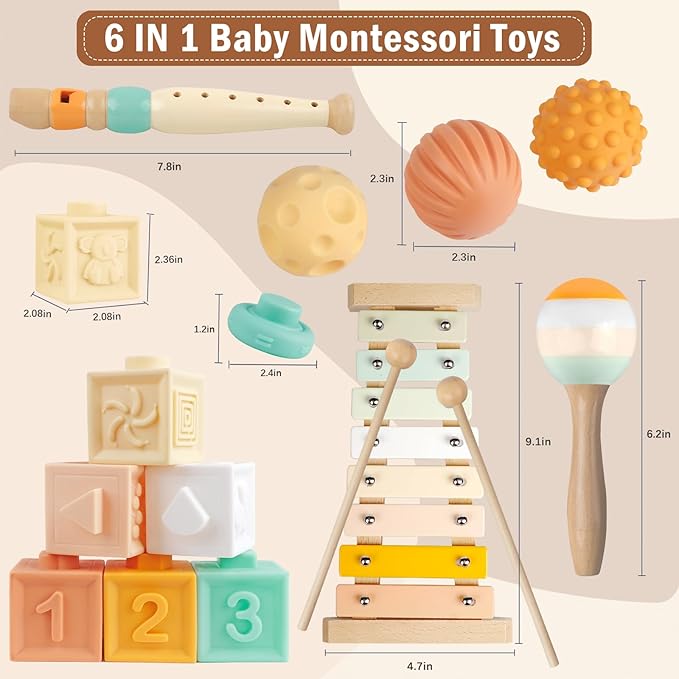Baby Toys Montessori Toys for Babies, Wooden Musical Instruments Toy Stacking Building Blocks, Infant Teething Toys Sensory Balls, Xylophone, Birthday Gift for Toddlers