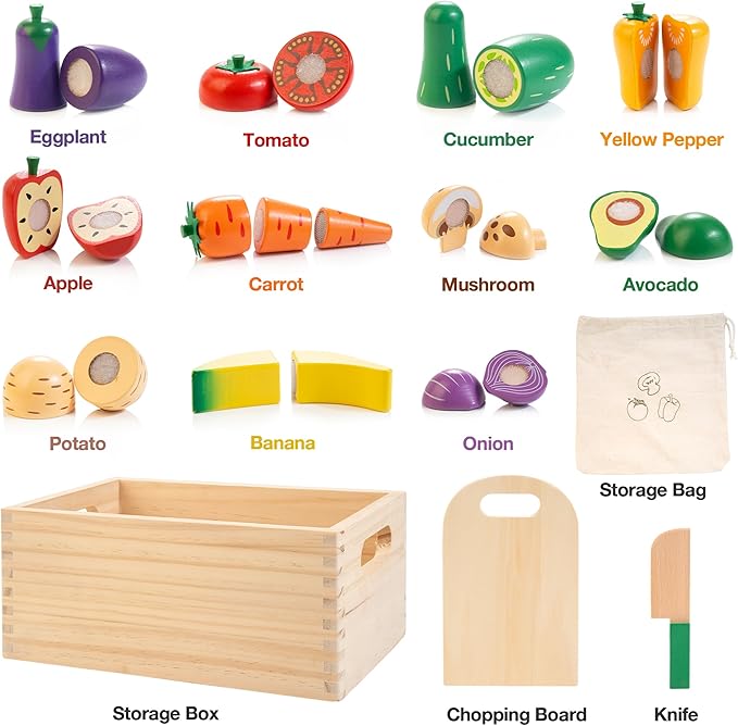 Wooden Play Food Set for Kids Kitchen | Cutting Veggies & Fruits Toy Food Set with Storage Case & Bag, Play Kitchen Accessories, Pretend Play Food for Toddlers 3+