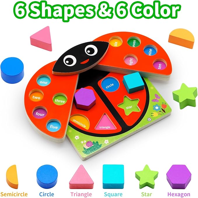 MOONTOY Wooden Ladybug Montessori Toys for 1 2 3 4 Year Old Boy Girl Learning Toys for Toddlers 1-3 Magnetic Fishing Game Number Block Counting Color Shape Sorter Puzzle Easter Basket Stuffers Gift