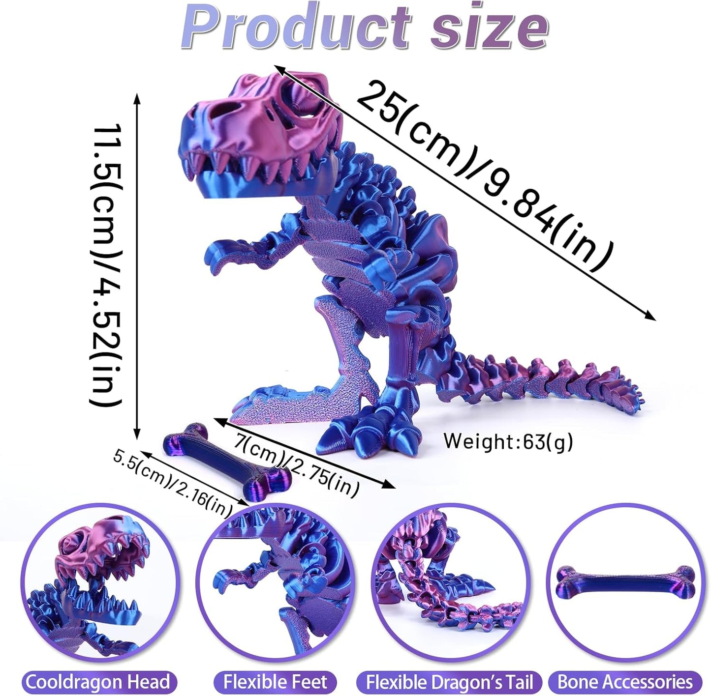 3D Printed Dinosaur Bones Tyrannosaurus Rex Skeleton with Movable Joints, 3D Model Skull T-Rex, Flexible Articulated Dinosaur Fidget Toys Adults for Autism/ADHD
