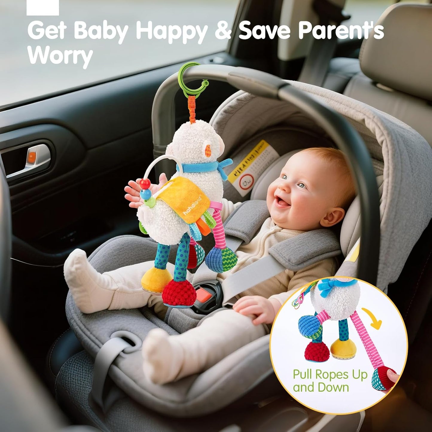 hahaland Baby Toys 0-6 Months - Baby Sensory Toys 0-3-6 Months Car Seat Toy Hanging - Musical Animals with Pull String Rattle Teether Crinkle Mirror, Crib Stroller Toy Tummy Time Babies Girl Boy Gifts